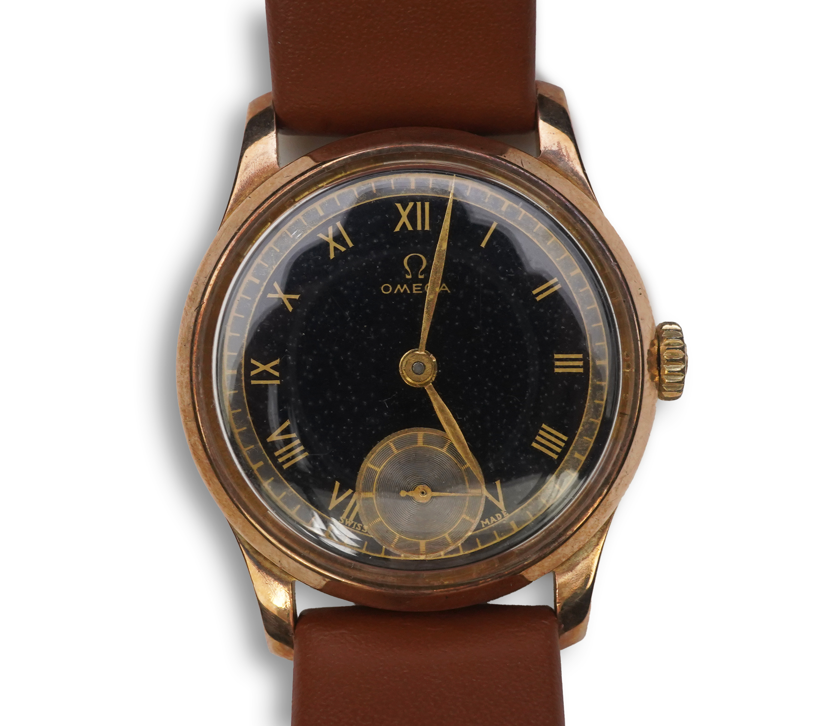 A gentleman's 1940's 9ct gold Omega manual wind wrist watch, on a later associated leather strap